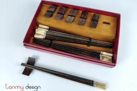 Set of 6 pairs of square rosewood chopsticks with snail head of chopstick, silver border with chopstick holders